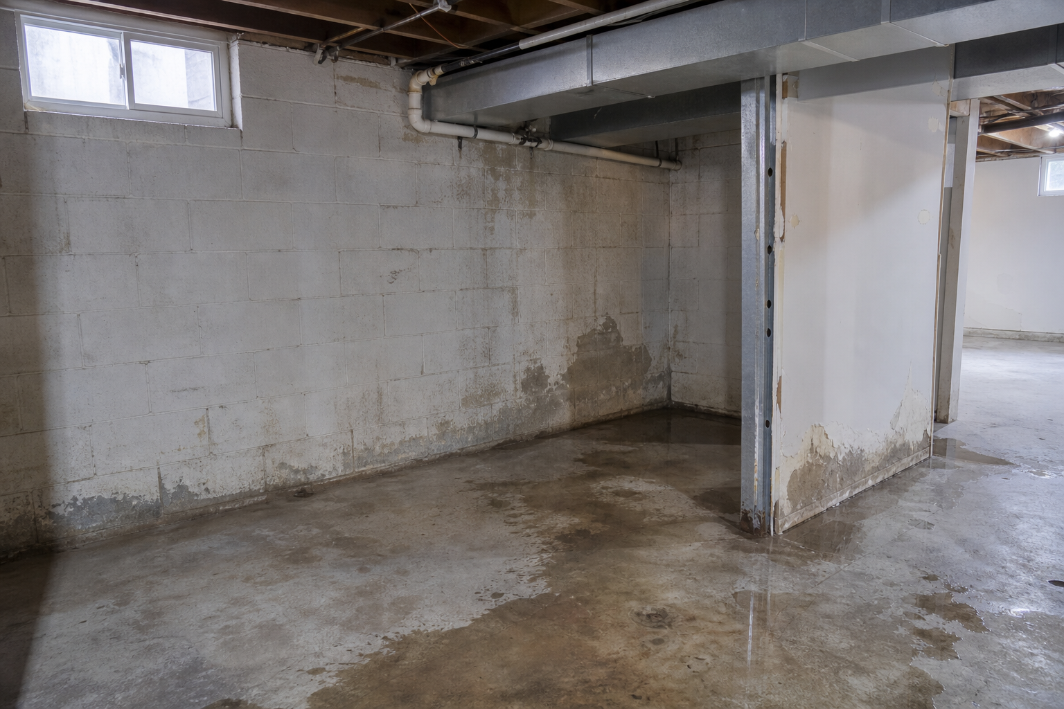 Basement with visible water damage and moisture staining