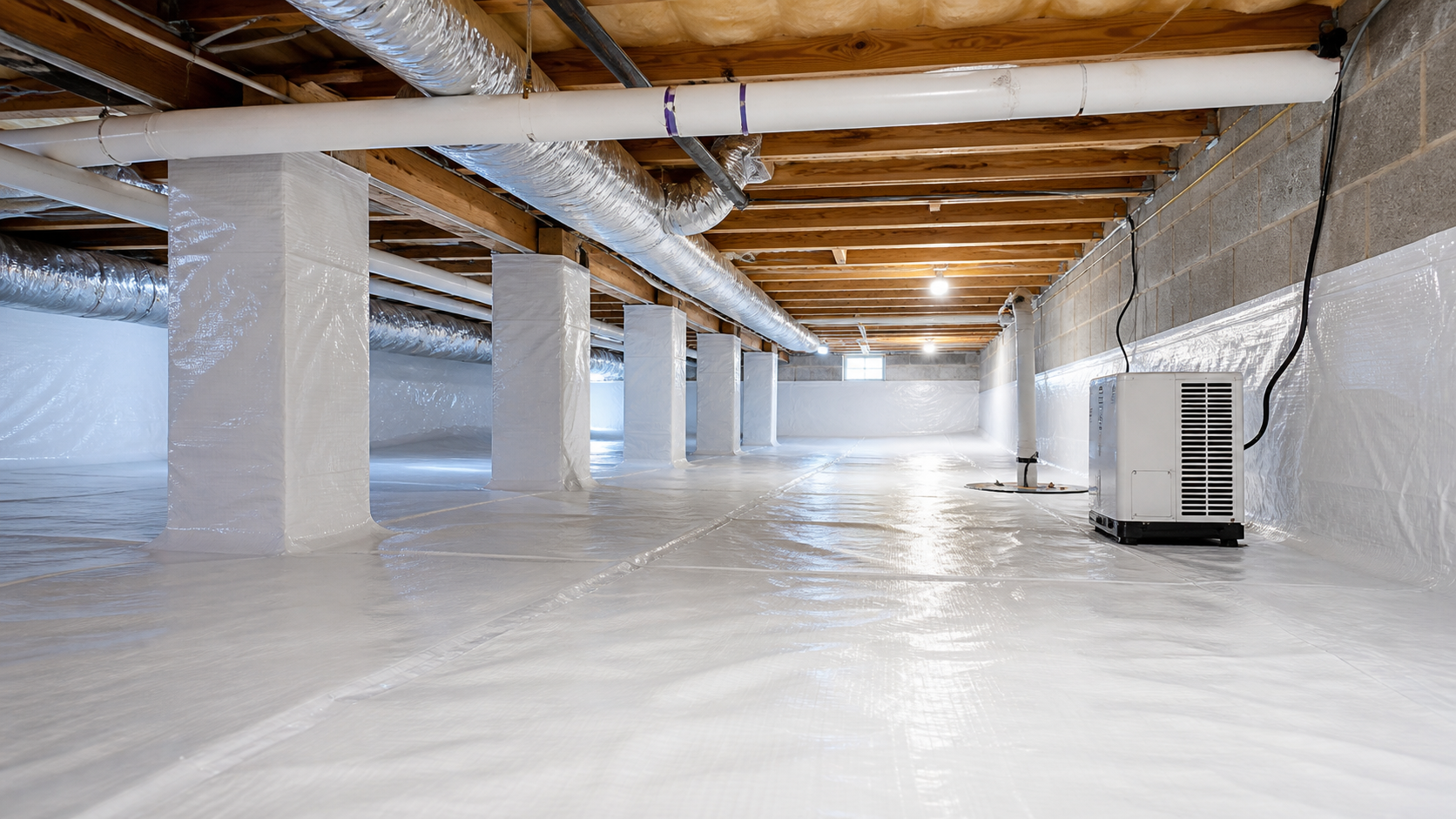 Clean crawl space encapsulation with white vapor barrier