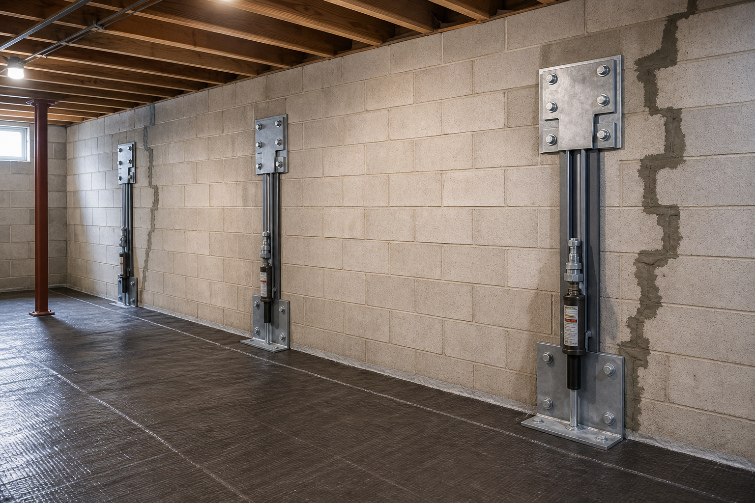 Basement foundation repair with wall stabilization brackets