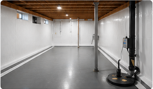 Waterproofed basement with vapor barrier and sump system
