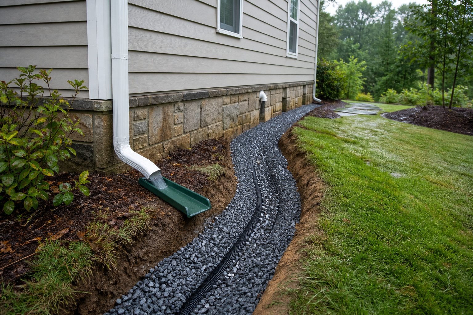 Residential drainage system with downspout extension and gravel trench